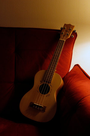 A ukulele made of wood stands on a couch in the light of a floor lamp. Photos in warm and dark...