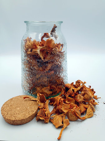 dried mushrooms noble delicious chanterelle in a glass jar and a handful outside. taken on a white background in close-upの写真素材