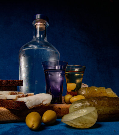 a bottle of alcohol surrounded by a variety of snacks on a dark blue background