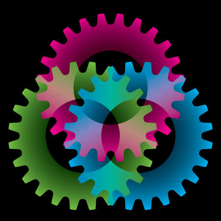 Tree colored gears isolated on black (settings or amalgamation icon)のイラスト素材