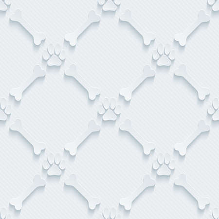 Light perforated paper with cut out effect. Paws print and bones 3d seamless background.のイラスト素材