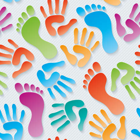 Multicolor Handprints & footprints wallpaper. 3d seamless background. Vector.のイラスト素材