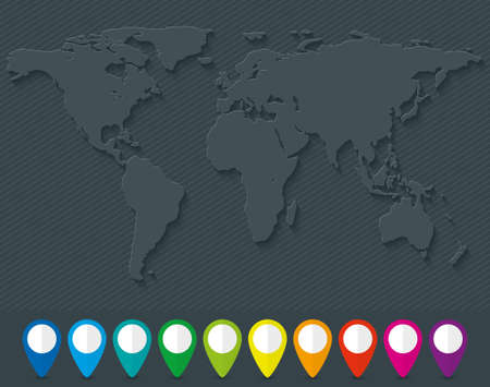Blank world map and set of colorful map pointersのイラスト素材