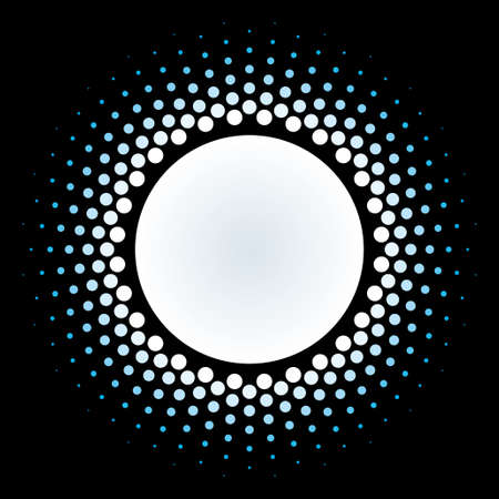White Halftone circle frame vector design element on black background. Halftoned Dots Flash Light With Fade Effect of Halo. Optical Illusion of Half Tone Spirograph Flower.のイラスト素材