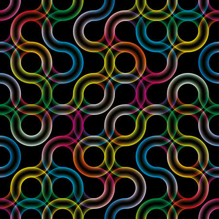 Rainbow loops. Colorful glow looped circles seamless pattern. Futuristic vector dark tileable background.のイラスト素材