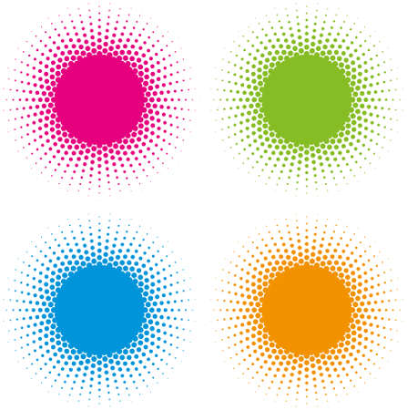 Set of Color Halftone circle frames vector design elements on white background. Halftoned Dots Flash Light With Fade Effect of Halo. Optical Illusion of Half Tone Spirograph Flower.のイラスト素材