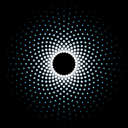 White Halftone circle frame vector design element on black background. Halftoned Dots Flash Light With Fade Effect of Halo. Optical Illusion of Half Tone Spirograph Flower.のイラスト素材