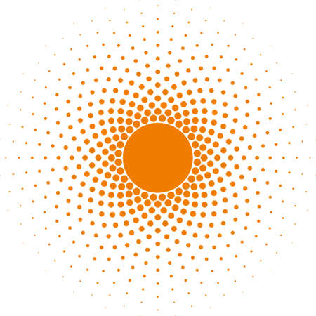 Orange Halftone circle frame vector design element on white background. Halftoned Dots Flash Light With Fade Effect of Halo. Optical Illusion of Half Tone Spirograph Flower.のイラスト素材