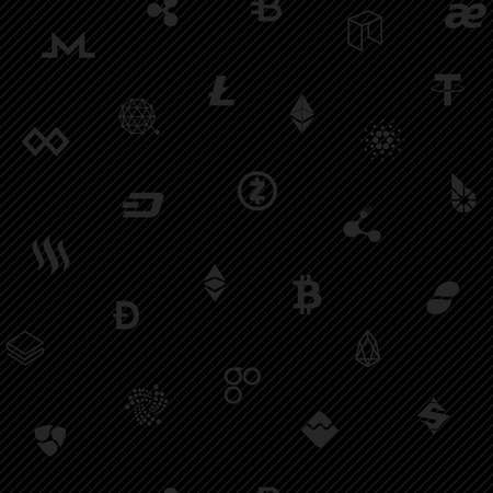 Black seamless pattern with cryptocurrency symbols. Vector tileable background for cryptocurrency mining pools or digital currency exchange.のイラスト素材