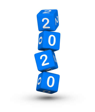 Flying Blue Cubes with 2020. New year or annual report concept. 3D illustration on white background.