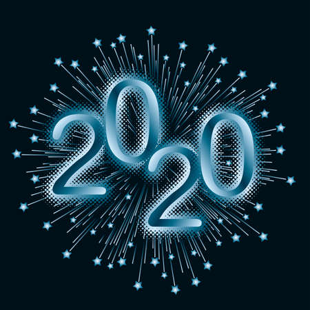 Happy New Year 2020 sign. Christmass design element for flyer. Vector Illustration on black...