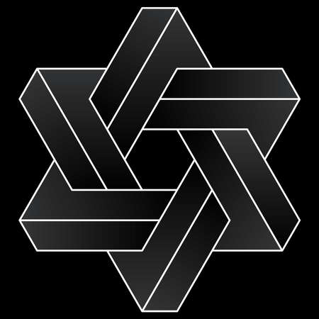 Star of David. Impossible hexagram shape. White vector optical illusion shape on black background.