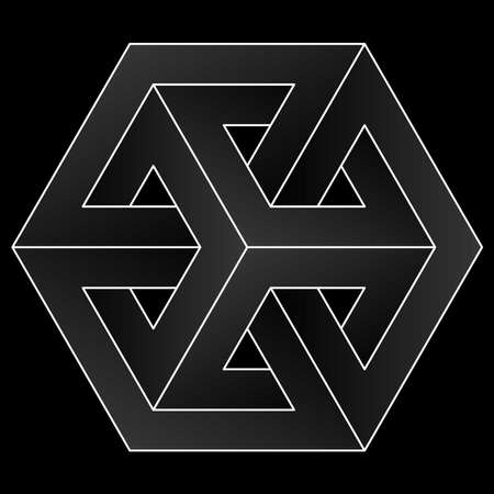 Impossible cube icon. White vector optical illusion shape on black background.