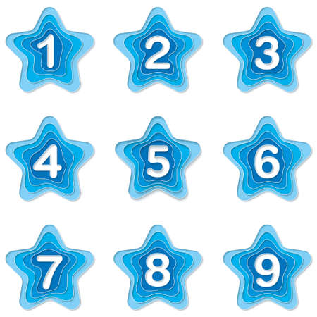 Set of blue star bullet points 1 to 9. Vector 3d number markers in cut paper quilling style