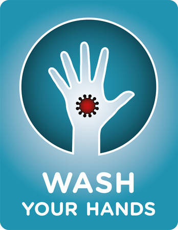 Wash your hands. Hand with coronavirus symbol. Vector banner.のイラスト素材