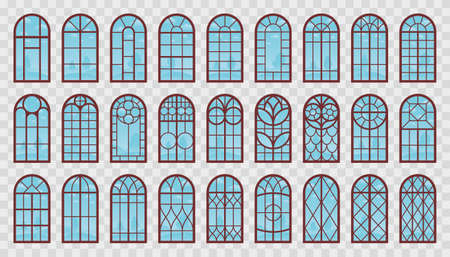 Window Arched Wooden Frames Collection. Vector Set of Isolated Windows with Sky Reflection for Outdoor View on Architecture Design.のイラスト素材