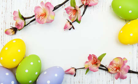 easter background with easter eggs and flowersの写真素材