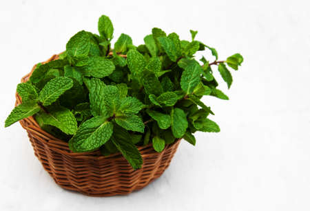 Mint in a basket on a old wooden backgroundの写真素材