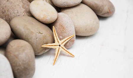 pebbles and starfish on a old white wooden backgroundの写真素材