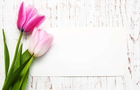 Pink tulips with a card on a white wooden backgroundの写真素材