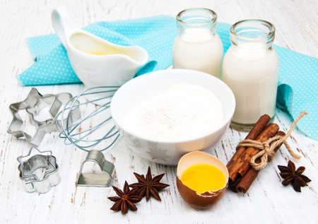Baking ingredients on a old wooden backgroundの写真素材
