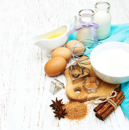 Baking ingredients on a old wooden backgroundの写真素材