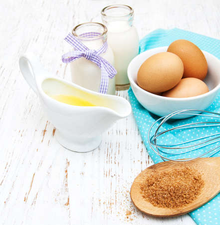 Baking ingredients on a old wooden backgroundの写真素材