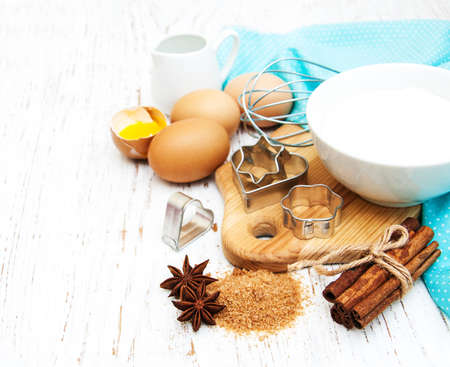 Baking ingredients on a old wooden backgroundの写真素材