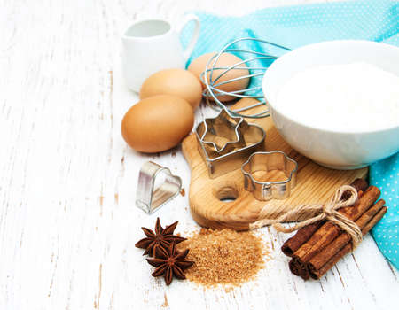 Baking ingredients on a old wooden backgroundの写真素材