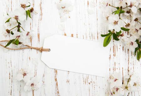 spring cherry blossom with card on a wooden backgroundの写真素材