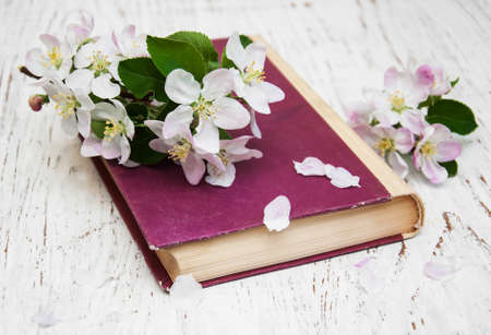 Vintage book with apple blossom on a wooden backgroundの写真素材