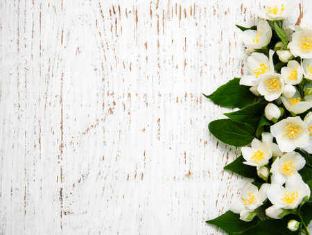 Border with jasmine flowers on a wooden background
