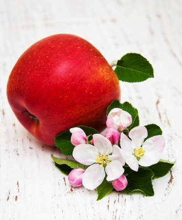 apple and apple tree blossoms on a wooden backgroundの写真素材