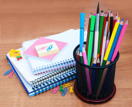School supplies on a old wooden backgroundの写真素材