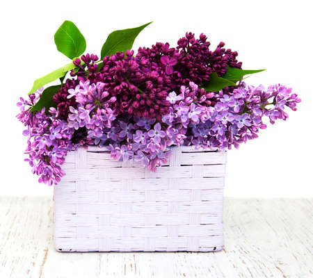 Lilac flowers on a old wooden backgroundの写真素材