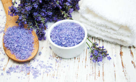 Lavender and massage salt on a old wooden backgroundの写真素材
