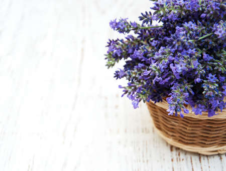 bunch of lavender on a old wooden backgroundの写真素材