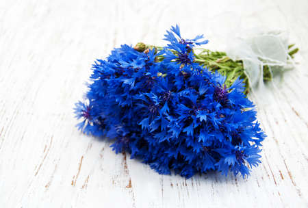 blue cornflowers on a old white wooden backgroundの写真素材