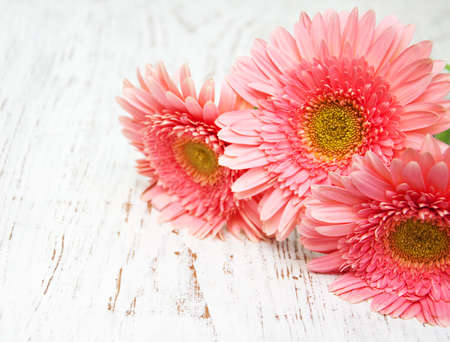 pink gerbera flowers on a old wooden backgroundの写真素材