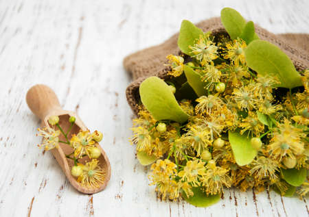 linden flowers in canvas bag on a old wooden backgroundの写真素材