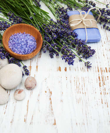 Lavender and massage salt on a old wooden backgroundの写真素材