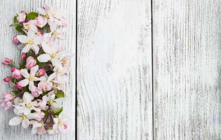 Spring apple blossom on a old wooden backgroundの写真素材