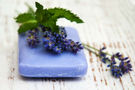 Lavender and handmade soap on a old wooden backgroundの写真素材