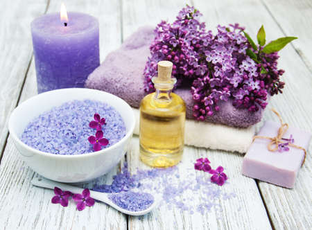 Massage and spa products with lilac flowersの写真素材