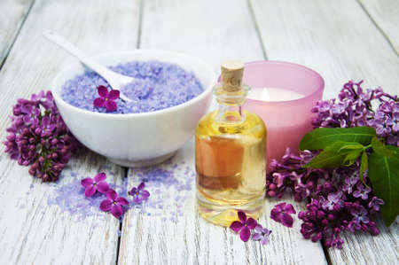 Massage and spa products with lilac flowersの写真素材