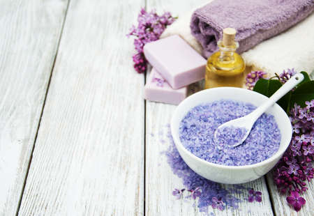 Massage and spa products with lilac flowersの写真素材