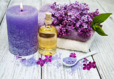 Massage and spa products with lilac flowersの写真素材