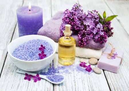 Massage and spa products with lilac flowersの写真素材