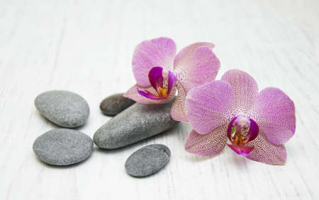 Orchids and massage stones on a old wooden backgroundの写真素材