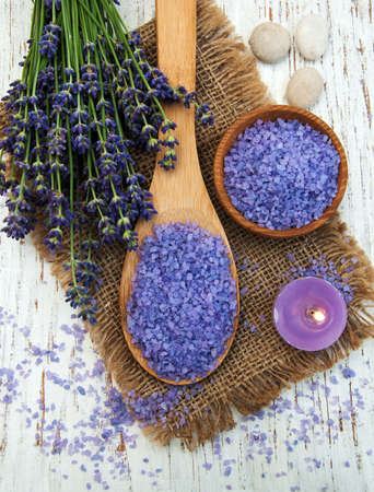 Lavender and massage salt on a old wooden backgroundの写真素材